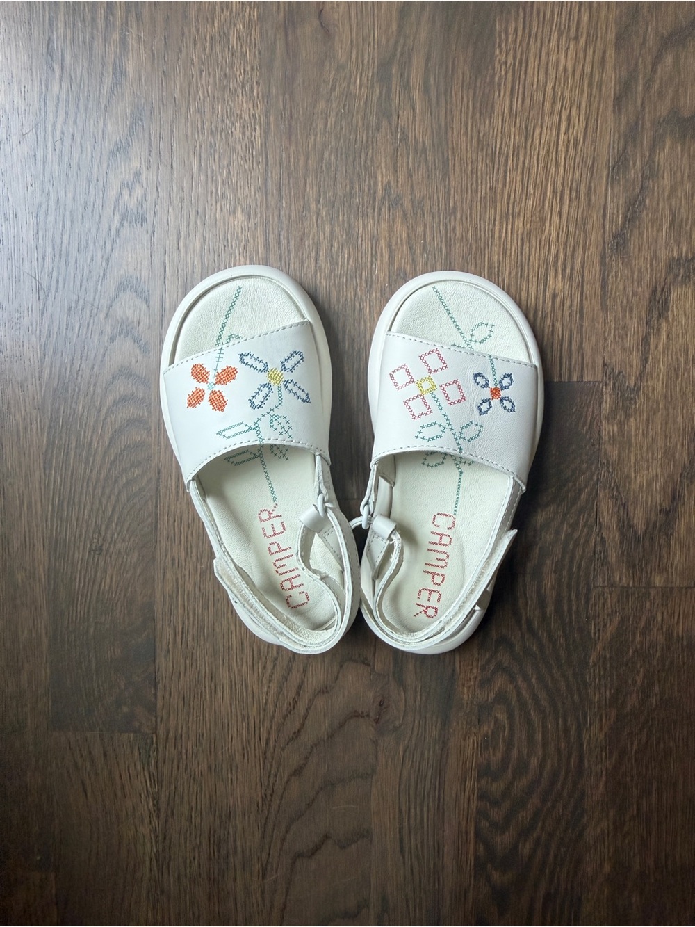 Camper Kids White Sandals with Multicolor Floral Stitching